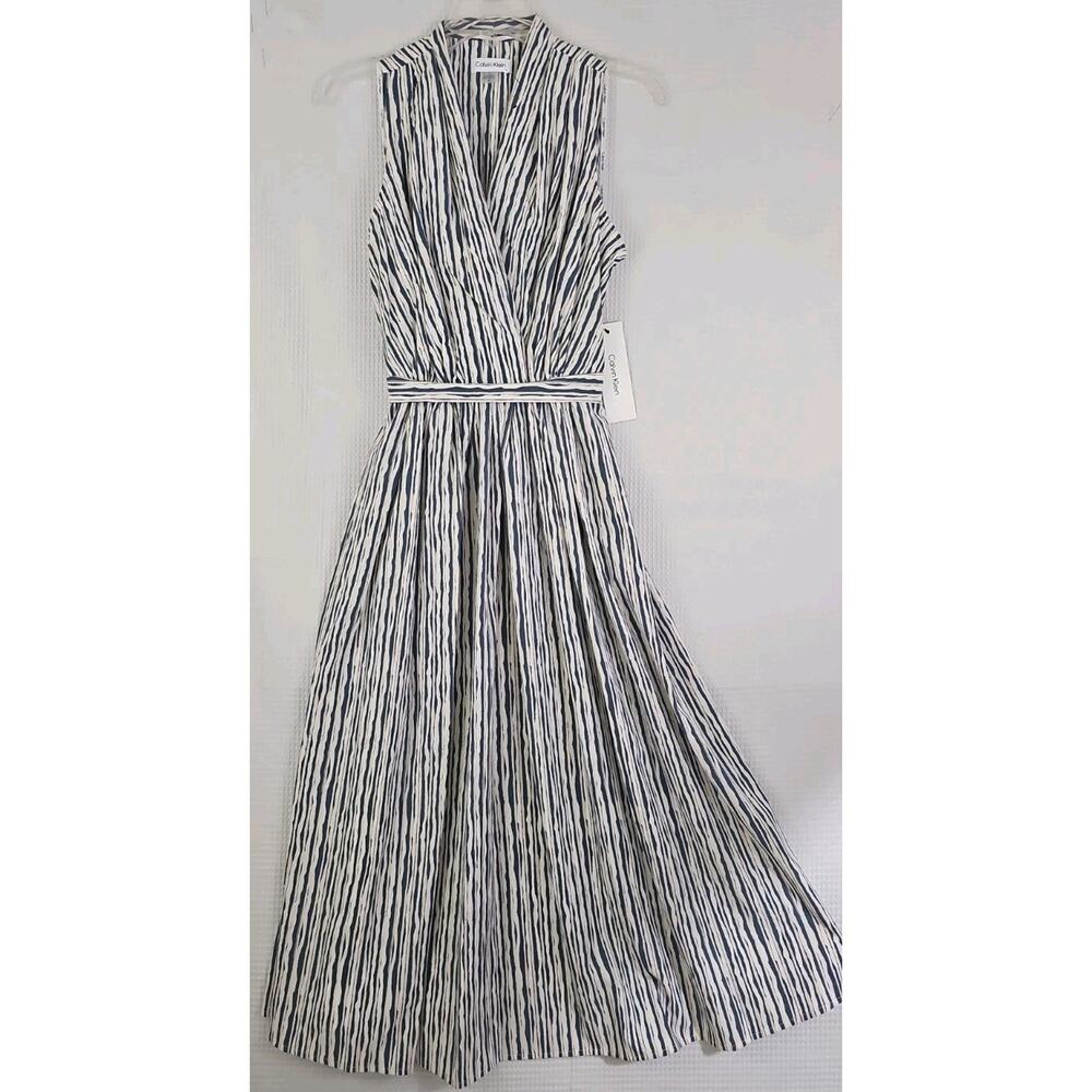 Calvin Klein ~Size 6~ Cream/Blue Stripes Maxi Dress With Waist Tie & Pockets NWT - Picture 12 of 16